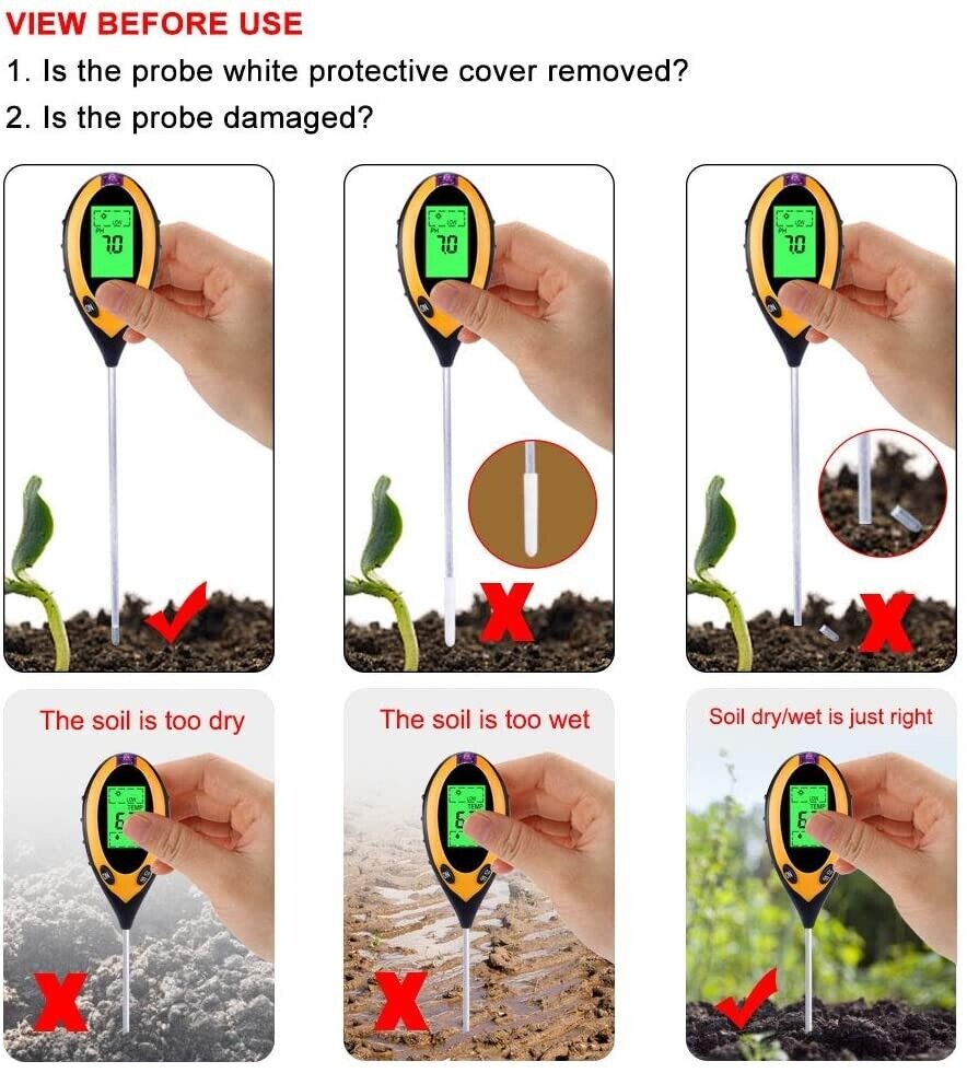 PH Tester Digital 4 in1 Measures pH Moisture Light Temperature Garden Flowers