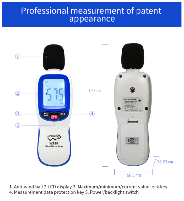 Digital Sound Level Meter 30Dba~130Dba Decibels Noise Volume Monitor WT85
