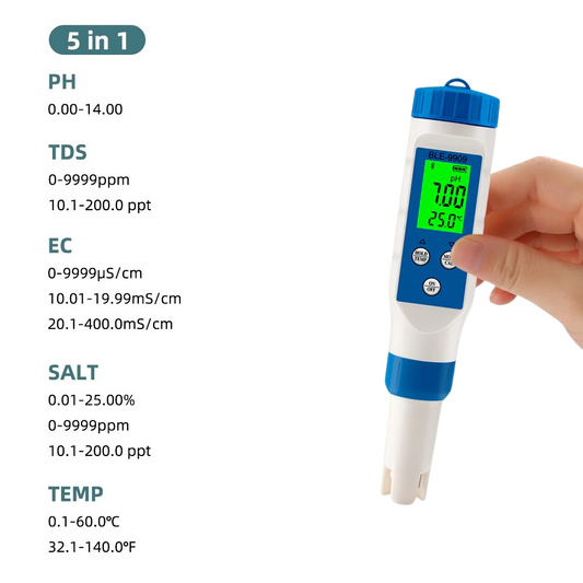 PH EC TDS Salinity TEMP 5 in 1 Meter Waterproof  with Bluetooth Data Logger