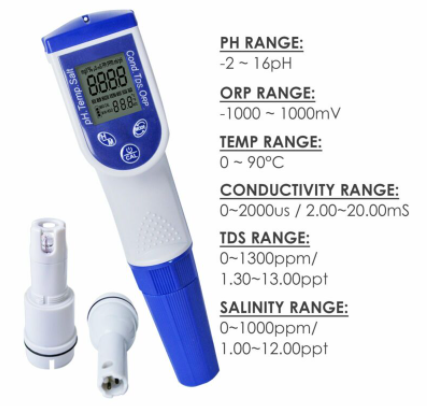 pH EC TDS Salinity mV ORP Temperature 6 in 1 Meter Water Tester Waterproof IP57