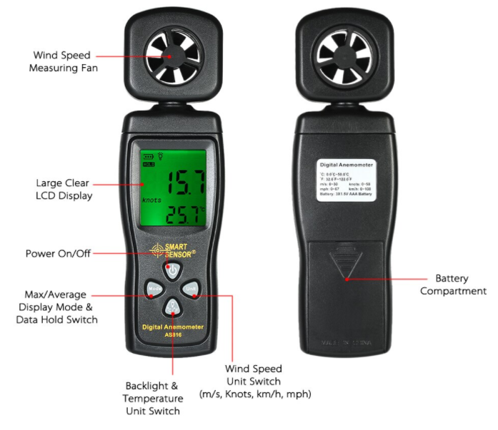 Anemometer Digital Wind Speed Air Velocity Temperature Meter Smart Sensor AS816