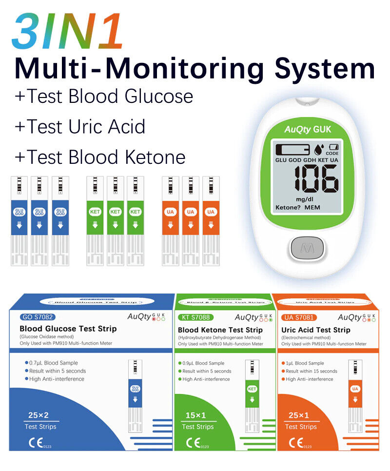 Blood Glucose Uric Acid Ketone Monitor Meter Tester 3 in1 Multifunction Kit