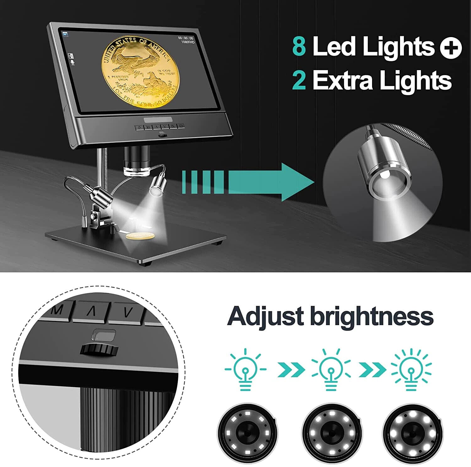 Microscope Digital 10" Inch LCD Display 1300X Stereo Screen 1080P 10 LED