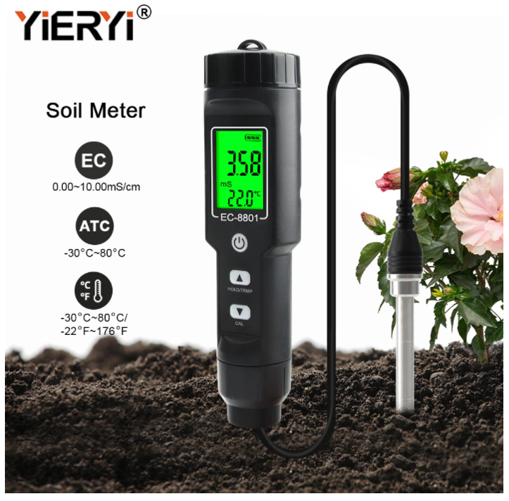 EC & Temp Meter Tester Reader for Soil Waterproof Electrical Conductivity ATC