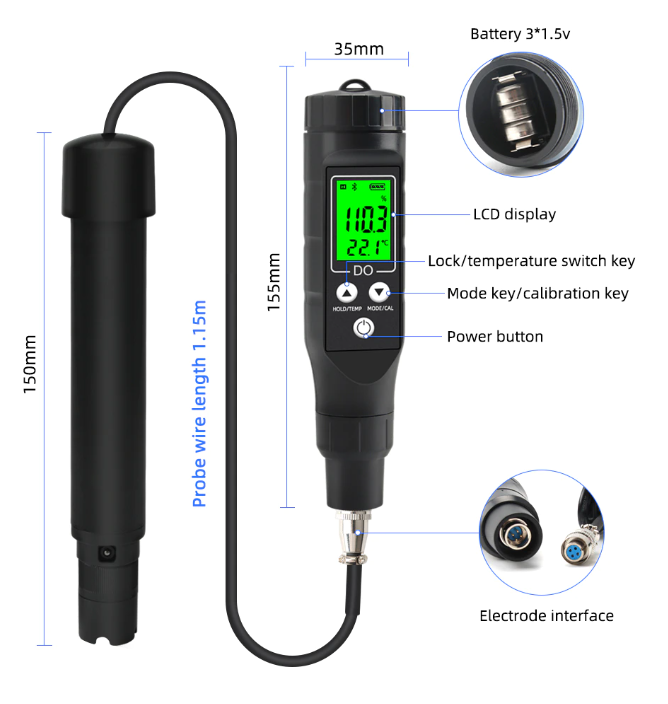 Dissolved DO Oxygen Meter Tester Measures Blue Tooth  ATC  Temp Range 0-30mg/l BLE-9100