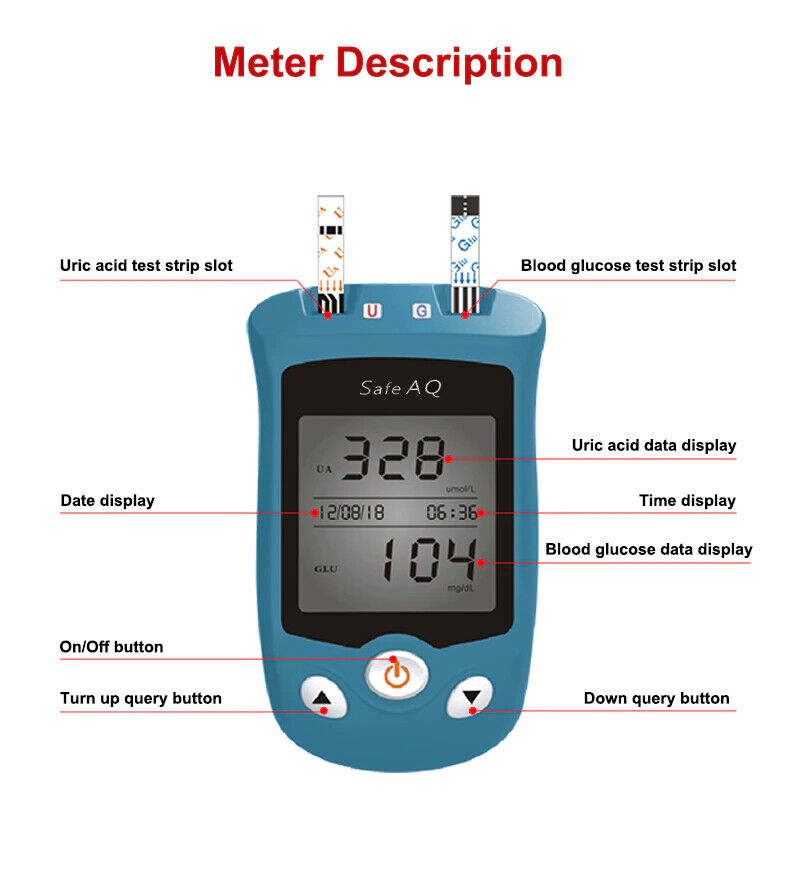 Uric Acid Blood Glucose Meter Monitor Glucometer Kit 50 test 2 in1 Multifunction