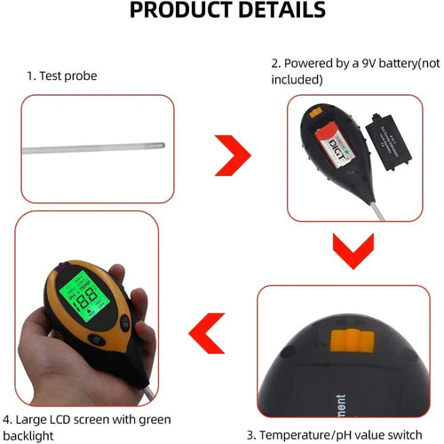 PH Tester Digital 4 in1 Measures pH Moisture Light Temperature Garden Flowers