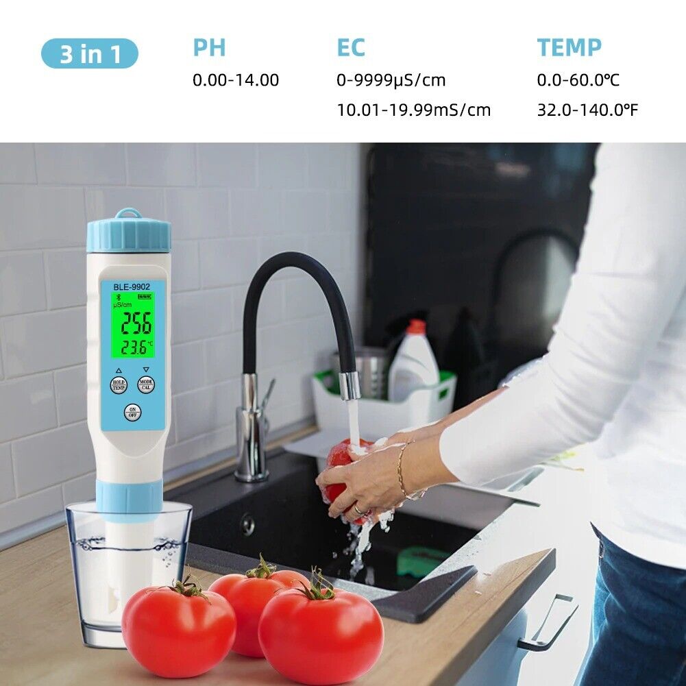 PH EC TEMP Tester Meter 3 in 1 Smart Bluetooth Data Logger Waterproof IP67