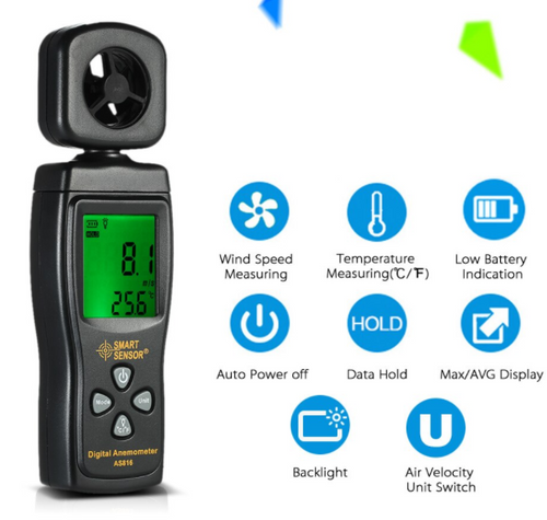 Anemometer Digital Wind Speed Air Velocity Temperature Meter Smart Sensor AS816