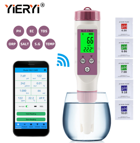 pH EC Conductivity TDS Salinity ORP SG Blue Tooth Meter 7 in 1 Tester Measures