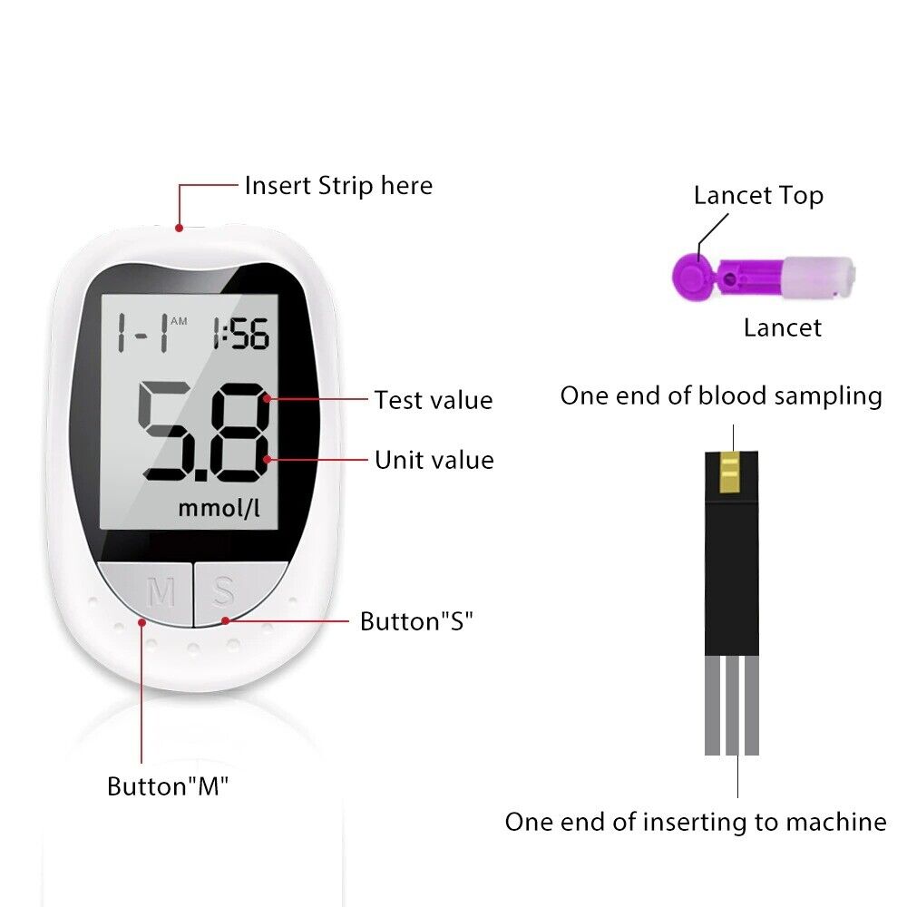 Glucose Meter Glucometer Kit Reader Diabetes Test 100pcs Strips and 100 Lancets