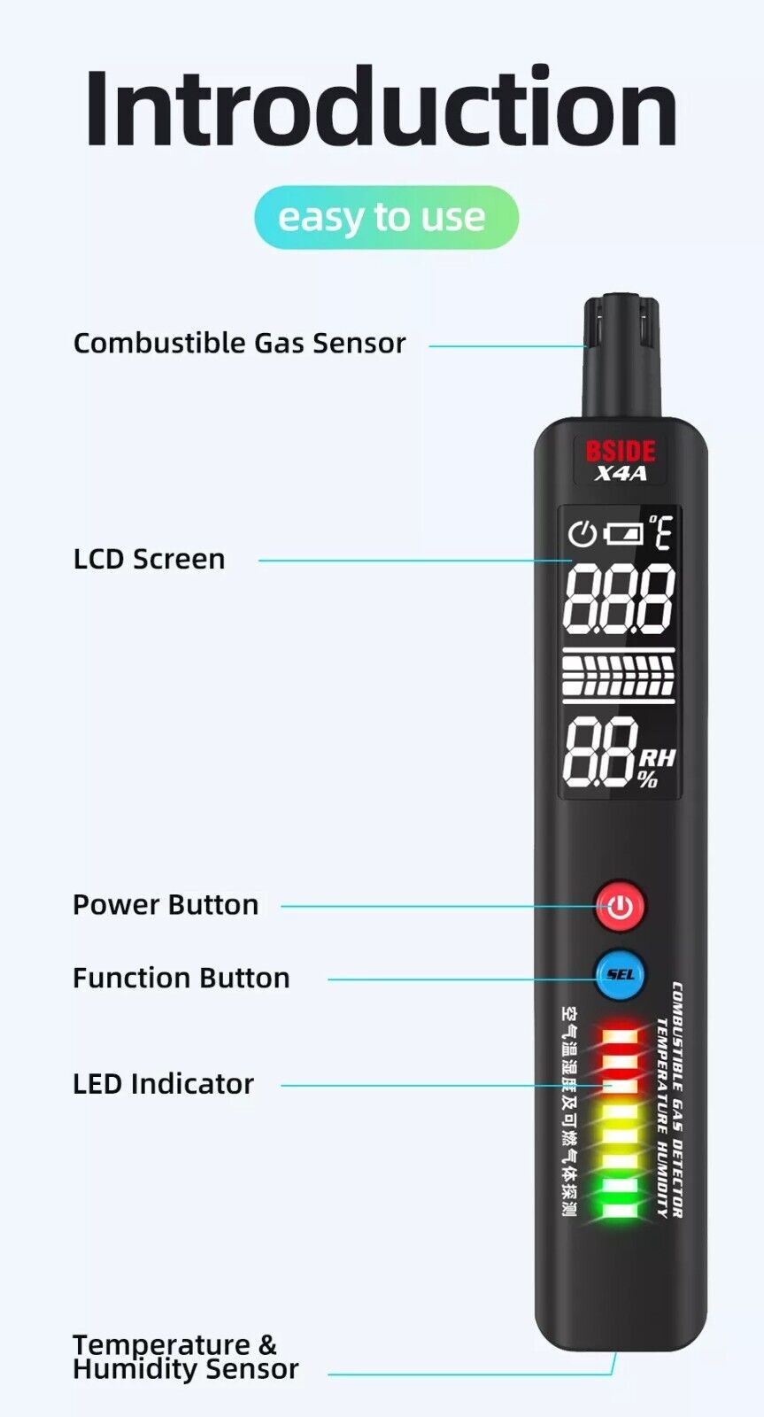 Portable Gas Leak Temperature Humidity Detector Air Tester LCD Display BSIDE X4A