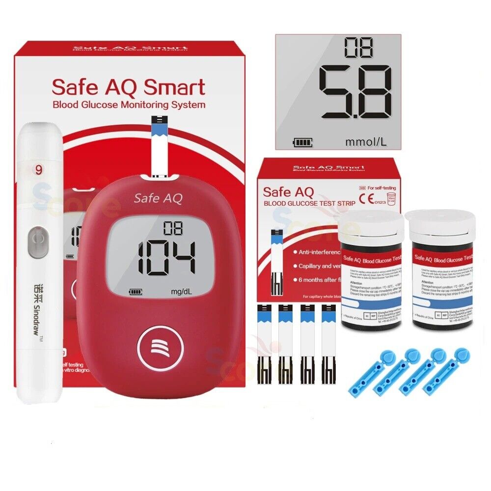 Blood Glucose Meter 100 Test Strips & Lancets for Diabetes Glucose Safe AQ Smart