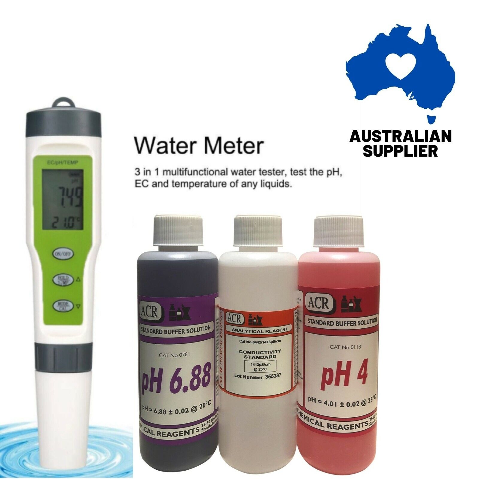pH EC Temp 3 in 1 Meter Testers LCD Tests Conductivity Water Quality Monitor