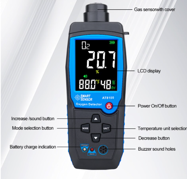 Oxygen Meter Detector O2 Gas Analyzer Reads Monitor In Air Tester 0-25% AT8100