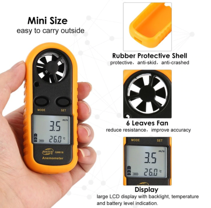 Anemometer Wind Digital Speed Temperature Meter Air Flow Gauge LCD GM816