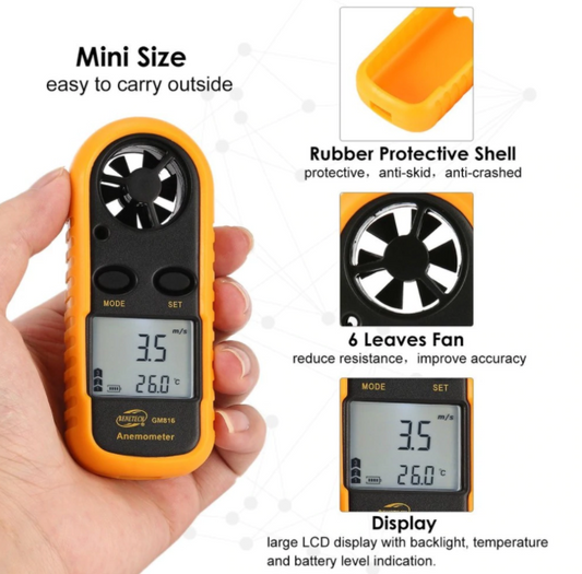 Anemometer Wind Digital Speed Temperature Meter Air Flow Gauge LCD GM816