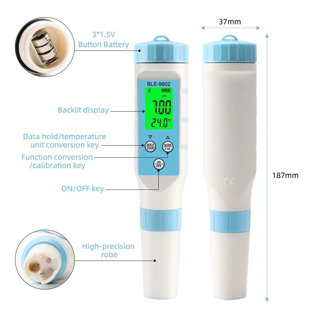 PH EC TEMP Tester Meter 3 in 1 Smart Bluetooth Data Logger Waterproof IP67