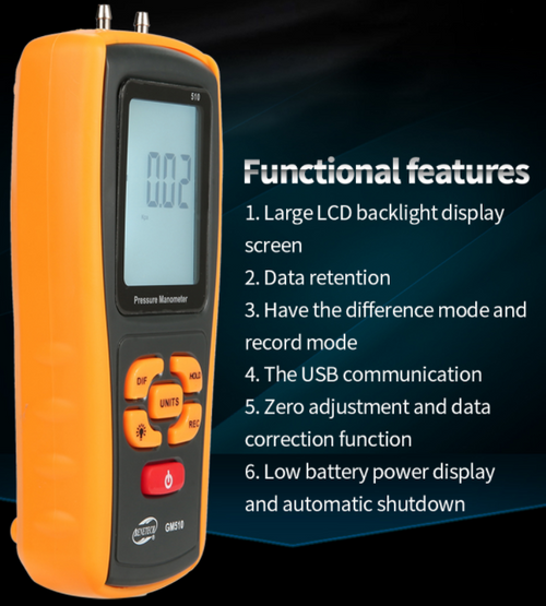 Digital Manometer Air Pressure Meter Gauge Tester Download Logs +/-10kpa GM511