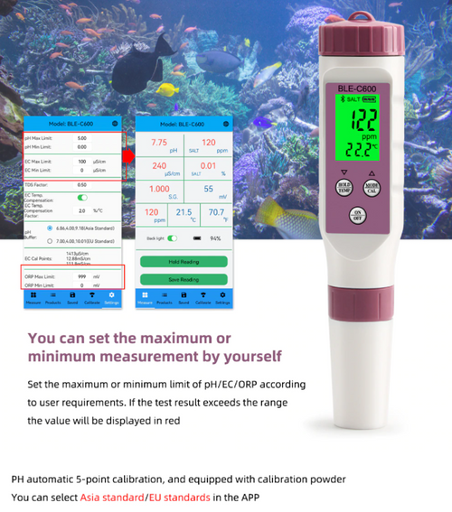 pH EC Conductivity TDS Salinity ORP SG Blue Tooth Meter 7 in 1 Tester Measures