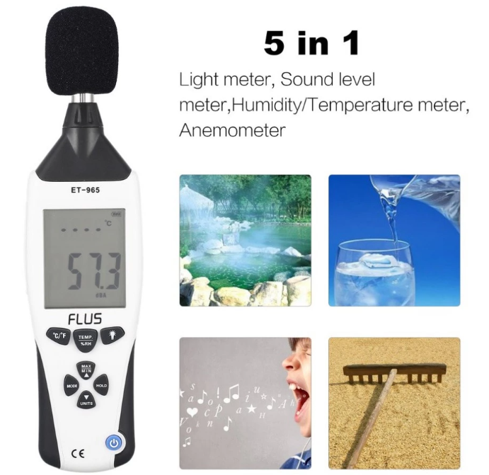 Sound Levels Lux Light Levels  Airflow % Humidity Anemometer Wind Temp Meter