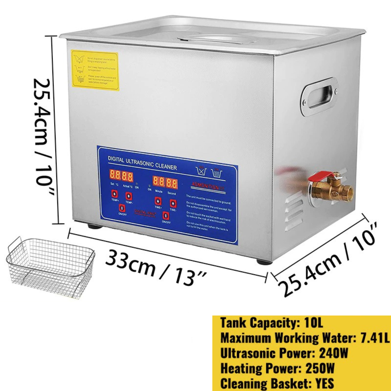 Ultrasonic Cleaning Bath 10L Digital Stainless Ultrasonic Cleaner Timer Heat