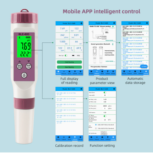 pH EC Conductivity TDS Salinity ORP SG Blue Tooth Meter 7 in 1 Tester Measures