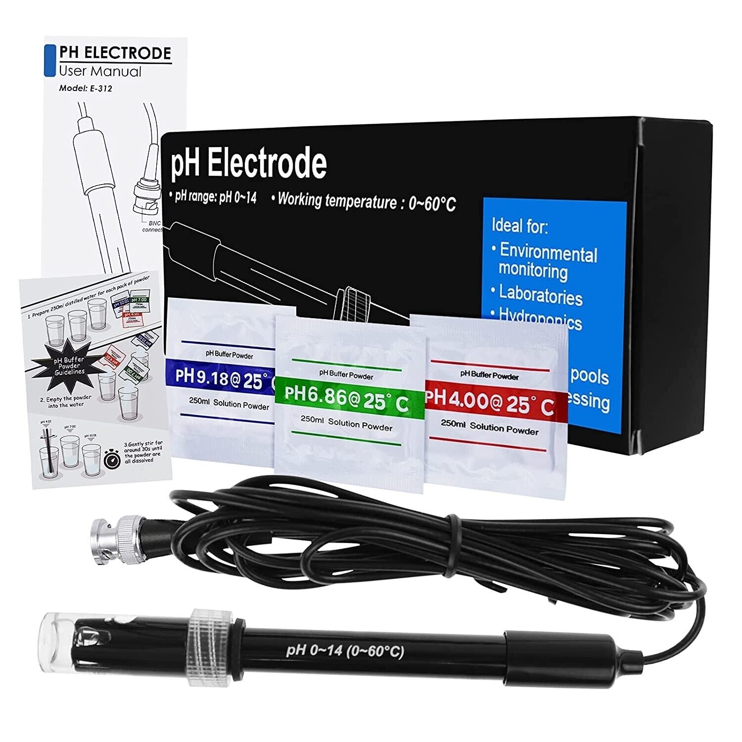 PH Electrode Probe 3M Cable BNC Type 3 Meter Cable Wide Liquid Applications
