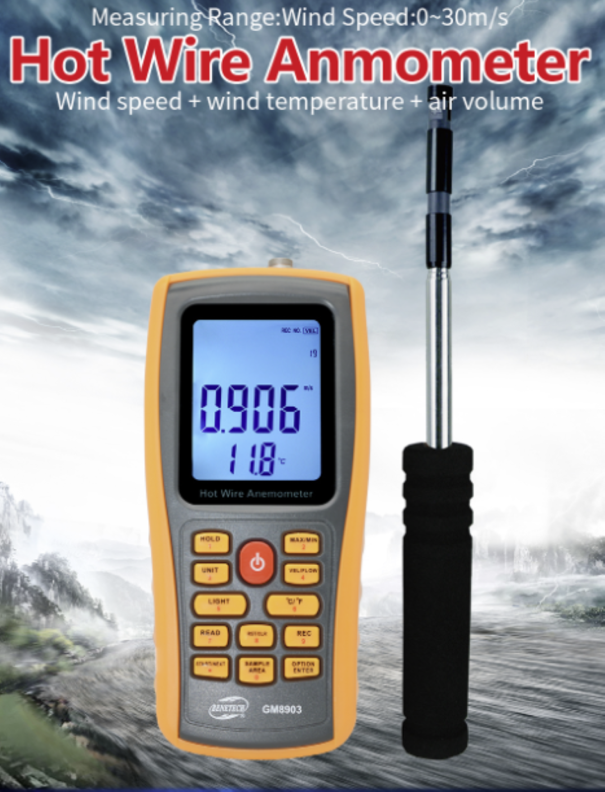 Hot Wire Anemometer Logger Wind Speed Air Flow Temperature Meter Tester GM8903