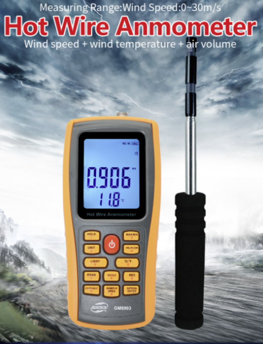 Hot Wire Anemometer Logger Wind Speed Air Flow Temperature Meter Tester GM8903