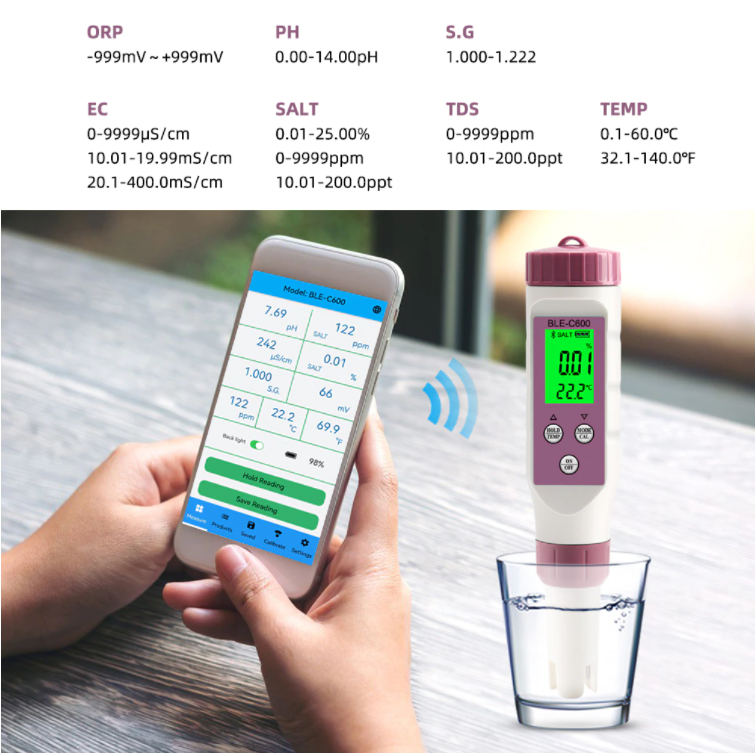 pH EC Conductivity TDS Salinity ORP SG Blue Tooth Meter 7 in 1 Tester Measures