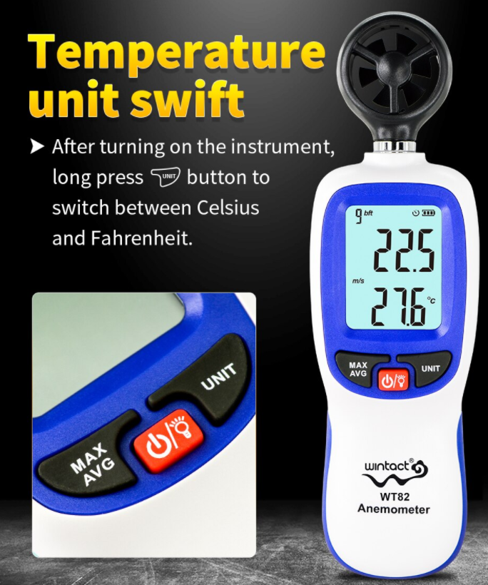 Wind Speed Meter Anemometer Digital Tester Vane Air Flow Gauge Backlight WT82
