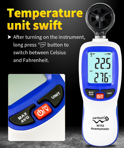 Wind Speed Meter Anemometer Digital Tester Vane Air Flow Gauge Backlight WT82